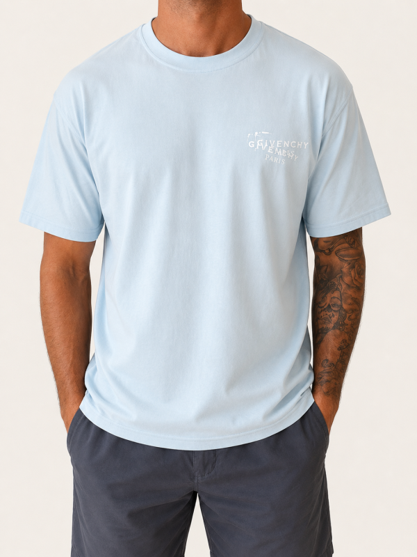 Light Blue Givenchy – white distressed chest print / large white back print view 1